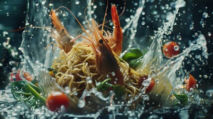 Super slow motion of flying asian wok noodles with prawns and vegetable. Filmed on high speed cinema camera, 1000 fps. Speed ramp effect. - obrazy, fototapety, plakaty