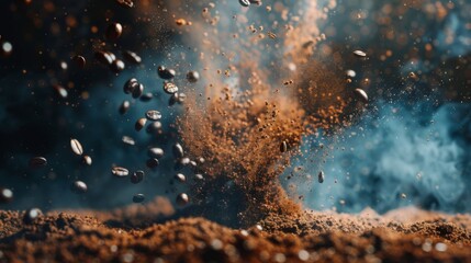 Super Slow Motion Shot of Ground Coffee and Fresh Beans Explosion Towards Camera at 1000fps. - obrazy, fototapety, plakaty