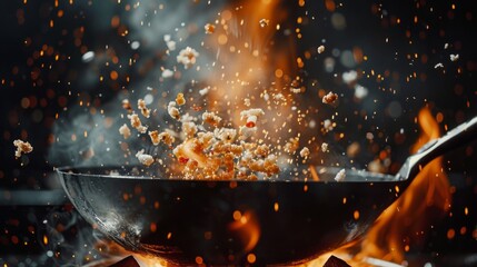 Super Slow Motion Shot of Wok Pan with Flying Ingredients in the Air and Fire Flames. Filmed on High Speed Cinema Camera at 1000 FPS. - obrazy, fototapety, plakaty