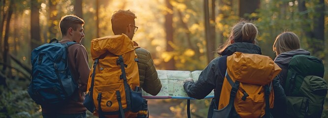 Friends strolling through the woodland on an expedition Take a look at the map to explore the woodland and make group plans.