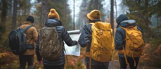 Friends strolling through the woodland on an expedition Take a look at the map to explore the woodland and make group plans.