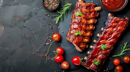 Tasty roasted pork ribs served with sauce, tomatoes and other products on grey wooden table, flat lay. Space for text