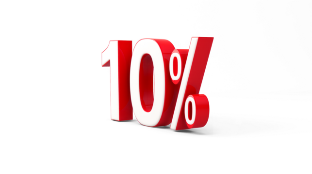 3D letter 10% in red and white on a Transparent background - Powered by Adobe