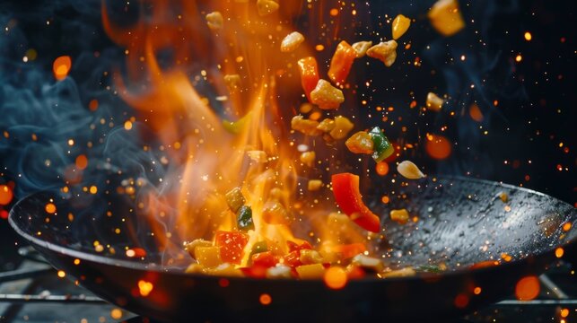 Super Slow Motion Shot of Wok Pan with Flying Ingredients in the Air and Fire Flames. Filmed on High Speed Cinema Camera at 1000 FPS.