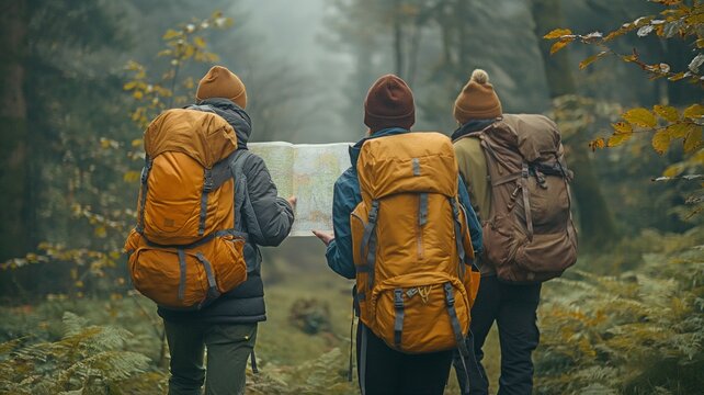 Friends strolling through the woodland on an expedition Take a look at the map to explore the woodland and make group plans.