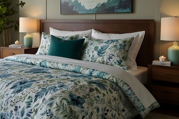Handrawn pattern bed sheet, green leaves, blue flowers