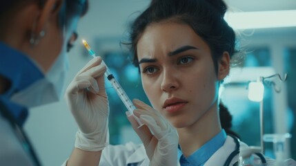 The young graduate student gathered in a medicine syringe. The young nurse puts a prick on permission of the doctor. In slow motion