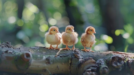 Three baby chicks sit on a log in outdoor environment. Medium shot