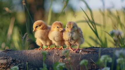 Three baby chicks sit on a log in outdoor environment. Medium shot