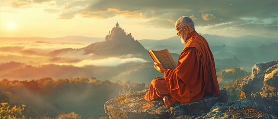 Overlooking an amazing landscape, an elderly monk holding a golden book prays. - obrazy, fototapety, plakaty