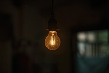 Single light bulb hanging in darkness