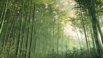 Fototapeta na wymiar Sparse bamboo forest thin trunks rising high