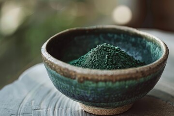 Spirulina powder in a ceramic bowl