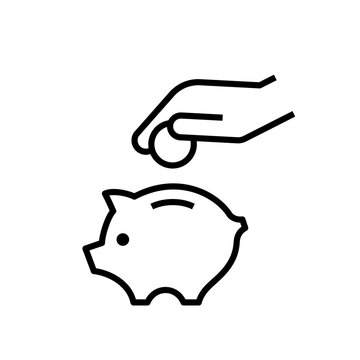 Piggy bank icon. Hand putting coin into piggy bank.