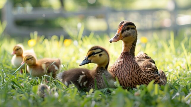 two ducklings and few little chickens in the green grass