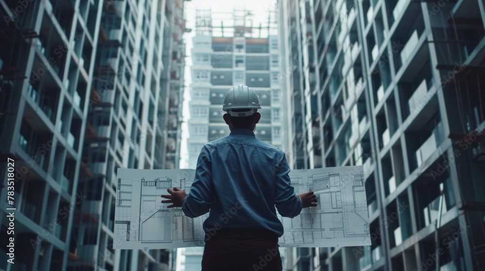 Poster worker builder foreman engineering occupation working with construction site project background. per