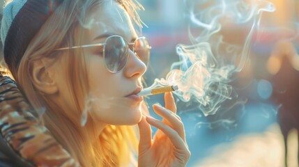 woman smoking a burning cigarette with smoke between her fingers on the street with a natural background copy space. - obrazy, fototapety, plakaty