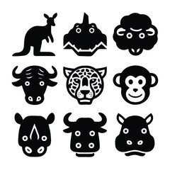 A set of nine icon illustration of a unique animal concept. kangaroo, crocodile, sheep, buffalo, jaguar, monkey, rhino, bull, hippo. Set collection of animals Icons. Simple line art style icons pack