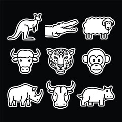 A set of nine icon illustration of a unique animal concept. kangaroo, crocodile, sheep, buffalo, jaguar, monkey, rhino, bull, hippo. Set collection of animals Icons. Simple line art style icons pack