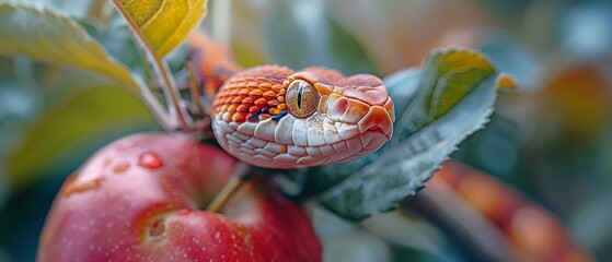 A fruiting apple tree and a snake. The theological topic of forbidden fruit.
