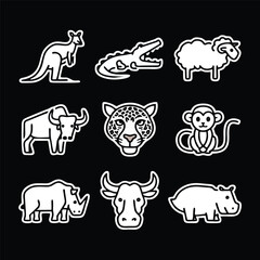 A set of nine icon illustration of a unique animal concept. kangaroo, crocodile, sheep, buffalo, jaguar, monkey, rhino, bull, hippo. Set collection of animals Icons. Simple line art style icons pack