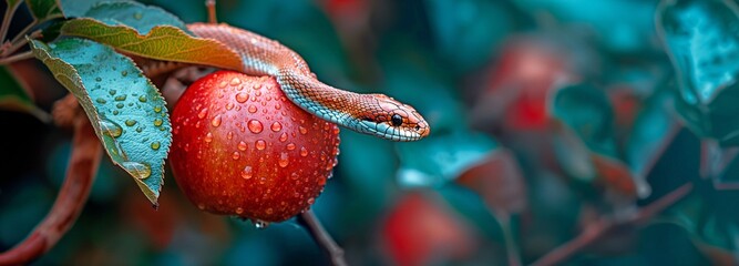 A fruiting apple tree and a snake. The theological topic of forbidden fruit. - obrazy, fototapety, plakaty