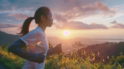 Young Asian women are exercising with outdoor running with a mountain background. When the sun sets in Thailand in summer, Concept healthy - obrazy, fototapety, plakaty