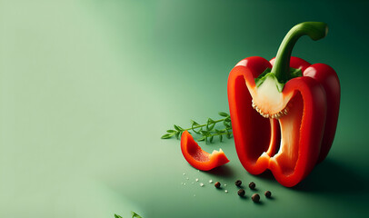 Juicy sliced bell pepper on a bright  green  surface with copy space, generative ai