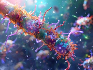 A 3D animated visualization of a bacterial cell synthesizing extracellular polymeric substances for biofilm formation.