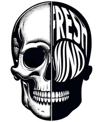 a skull design vector illustration and the typography word fresh mind on a white background.