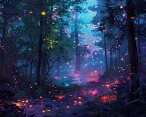 Obraz na płótnie Canvas A swarm of fireflies each emitting a different neon color