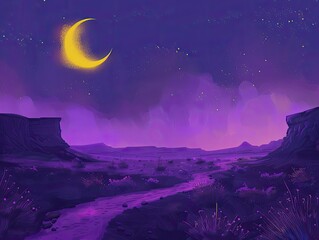 Digital landscape of a violet desert at night