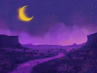 Fotobehang Digital landscape of a violet desert at night © 220 AI Studio