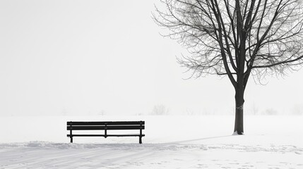 Solitary bench in a snow-covered park