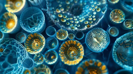 An intricate pattern of bright blue and yellow plankton arranged in a mesmerizing geometric design. - obrazy, fototapety, plakaty