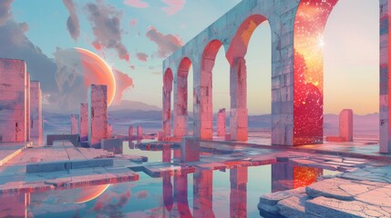A surreal blend of holographic chilis and minimalistic architecture patterns in Turkish Sea and Silver, evoking a childhood memory of exploring ancient ruins.