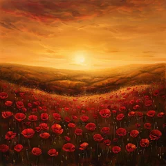 Fotobehang illustration image Breathtaking landscape of poppy fields at sunset with the sun setting on the horizon, casting a warm glow on the brilliant red flowers © PHUNG