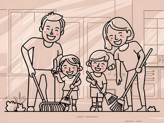 illustration of a family cleaning home 