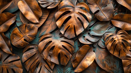 An abstract blend of apple and monstera motifs in Copper Coin and Aged Copper tones, inspired by CNC precision, with a minimalistic focus on negative space.