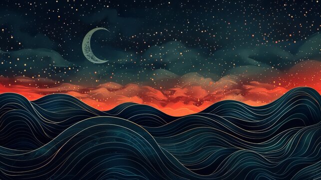 A serene scene of a spaceship passing by a crescent moon, watched over by a god. Dark blue and red abstract patterns emphasize the vastness of space.