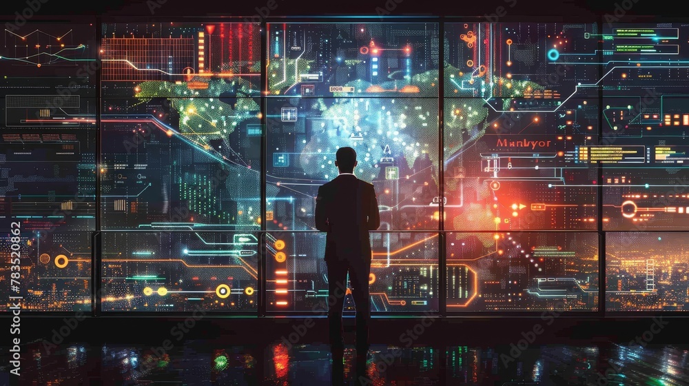 Poster business network: a 3d vector illustration of a businessman analyzing network data on a large screen