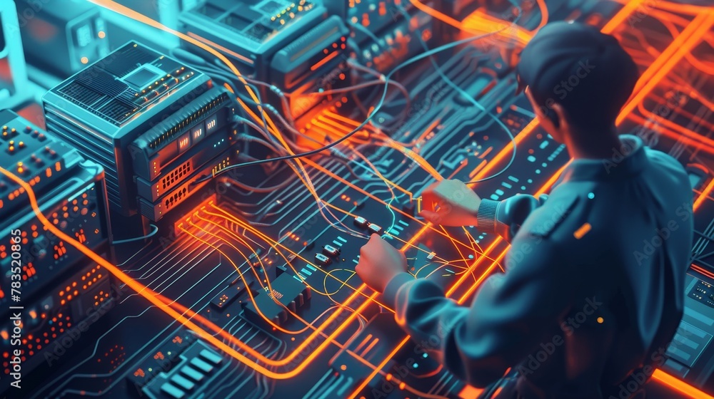 Poster business network: a 3d vector illustration of a network engineer setting up a lan network in an offi