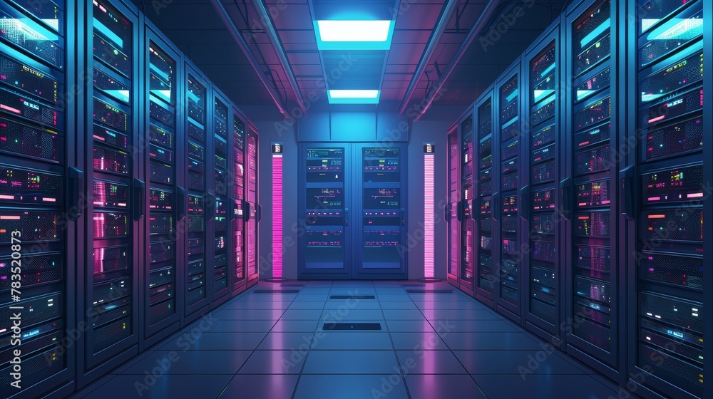 Poster business network: a 3d vector illustration of a network server room in a business setting