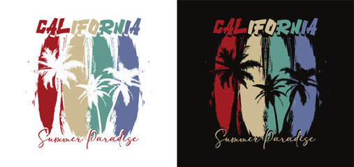 california summer paradise calligraphy slogan with palm beach view in grunge vector illustration on black background