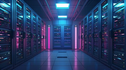 Business Network: A 3D vector illustration of a network server room in a business setting - obrazy, fototapety, plakaty