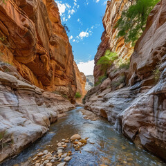 illustration of red rock canyon with river above is clear blue sky
