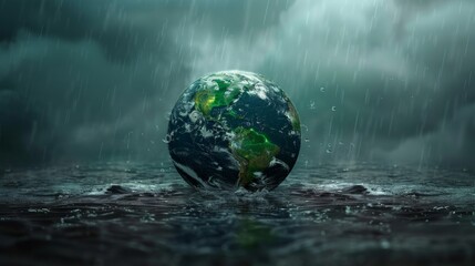 Climate Change: A 3D vector illustration of a globe with dark clouds and heavy rainfall - obrazy, fototapety, plakaty