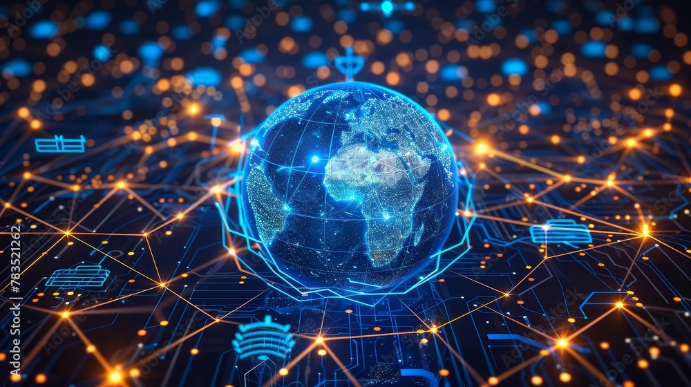 Poster digital connectivity: a 3d vector illustration of a digital globe surrounded by interconnected devic