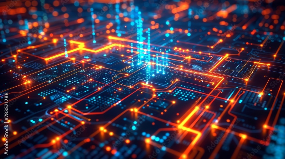 Poster digital connectivity: a 3d vector illustration of digital signals traveling through a network of dev