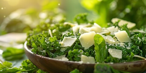 Kale Caesar salad, parmesan shavings, close view, crisp leaves, soft daylight, detailed texture - obrazy, fototapety, plakaty